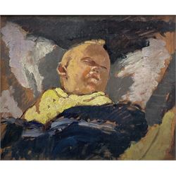 Philip Naviasky (Northern British 1894-1983): The Artist's Daughter Sonia Asleep, oil sketch on panel signed 37cm x 45cm 
Provenance: Chorley's Auction, 31st January 2017, Lot 406 sold as 'Sleeping Baby'. See associated pencil sketch in this sale Lot 18 executed at the same time, and supporting letter from Millie Naviasky stating the drawing of Sonia was done in 1935
