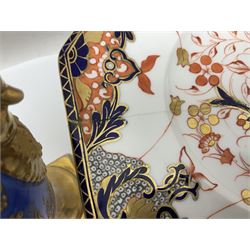 Devonport imari pattern comport set, comprising two tall comports and three low comports, together with twin handled pedestal ovoid vase, decorated with landscape with gilt swan handles, vase H25cm