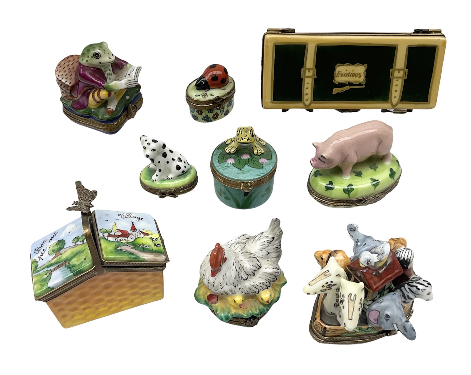 Group of Limoges trinket boxes, to include a number of novelty examples, including examples modelled as Noah's ark, shotgun case containing shotguns, picnic basket containing food, toad reading book seated upon a lily pad, etc., (9)