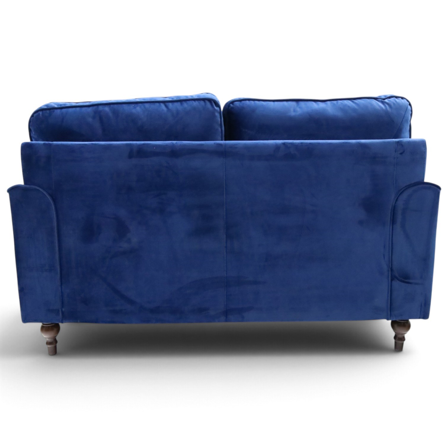 Howard design - two-seat sofa upholstered in blue fabric, traditional shape with rolled arms, on walnut finish turned feet with brushed metal cups and castors