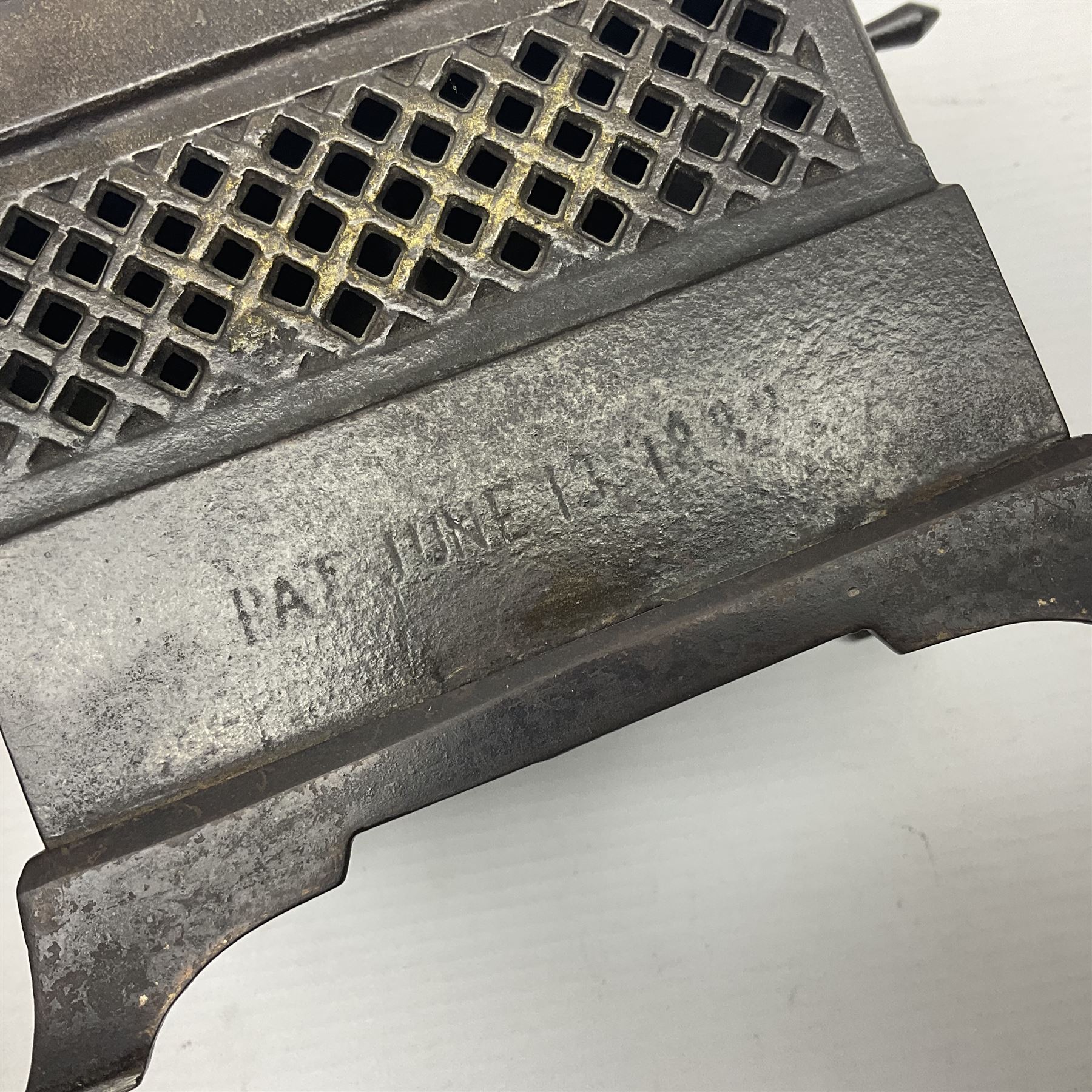 American 'Organ Bank' musical cast-iron mechanical money bank with hand cranked action and seated figure with two dancing dogs on top; locking door to base (no key); marked to the back 'Pat June 13 1882', H19cm