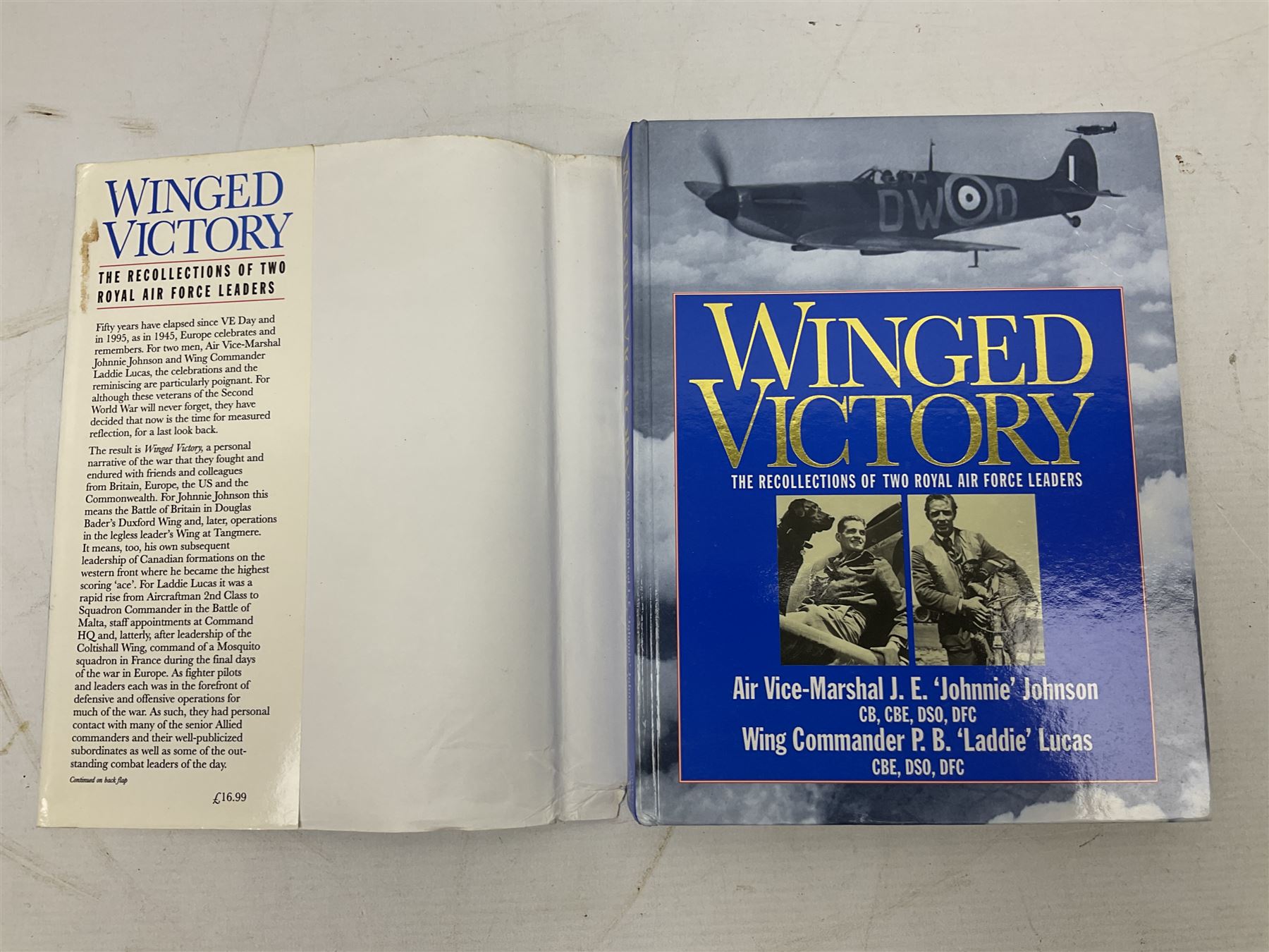 Winged Victory. 1995. Loose mounted signed dedication note and bookplate on the fep from the authors Wing Commander P.B. (Laddie) Lucas and Air Vice-Marshall J.E. (Johnnie) Johnson with duplicate signatures on the title page. Unclipped dustjacket.