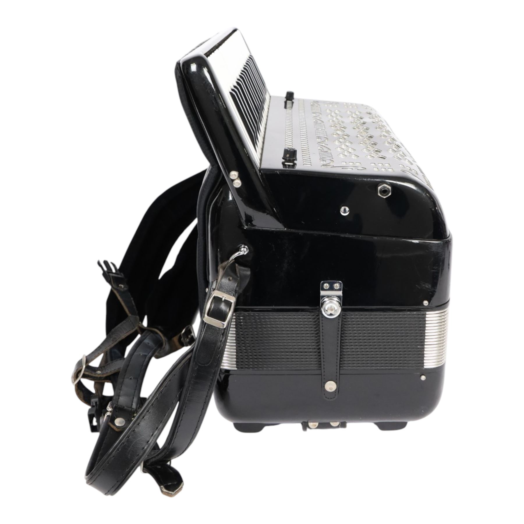 Borsini  5-row Chromatic button accordion, with 77-black and white pearlescent buttons and 96 bass buttons, in black high gloss case, with carry strap and original hard carrycase