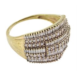 9ct gold baguette and round brilliant cut diamond dress ring, stamped 375