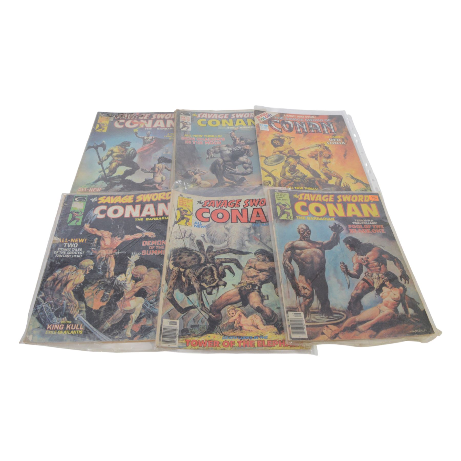 Eighteen Marvel and Curtis Conan the Barbarian comic books, spanning years 1974-1995, comprising 'Conan Classics' #1, #5, #6, #10, #11, 'Conan The Barbarian' issue #42, nine issues of 'The Savage Sword of Conan the Barbarian' issues #1, #2, #4, #9, #16, #21, #22, #24, and one other, 'Super Special The Savage Sword of Conan' and two 'Savage Tales featuring Conan The Barbarian', together with Curtis 'The Rampaging Hulk' #5, 'The Essential Hulk' vol.1 #1-6, X-Men Masterworks Vol. 1, 'Ghost Rider' direct edition, 'The Incredible Hercules', 'Strange Tales Featuring Warlock' #178, 'The Deadly Hands of Kung-Fu #29 and Marvel Graphic Novel 'Dreadstar' no. 3 (26)