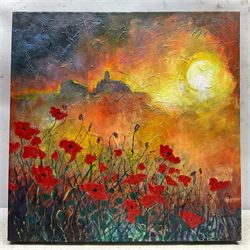 Ann Lamb (British 1955-): Sunset over the Poppy Field, mixed media on canvas signed 50cm x 50cm