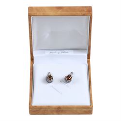 Pair of silver amber hedgehog pendant earrings, boxed