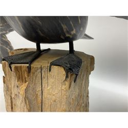 Wooden sculpture of Cormorant aquatic bird on a naturalistic wooden plinth, H46cm
