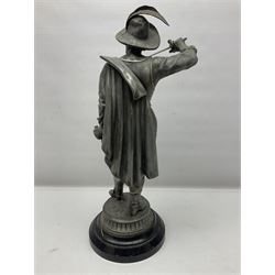 Spelter figure modeled as Cavalier with a raised sword, upon a circular base, H52cm