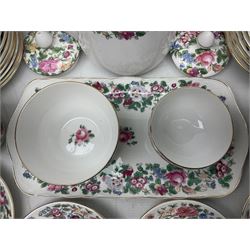 Crown Staffordshire Thousand Flowers pattern part tea service, to include teapot, two open sucriers, eighteen cups, fifteen saucers etc (57)