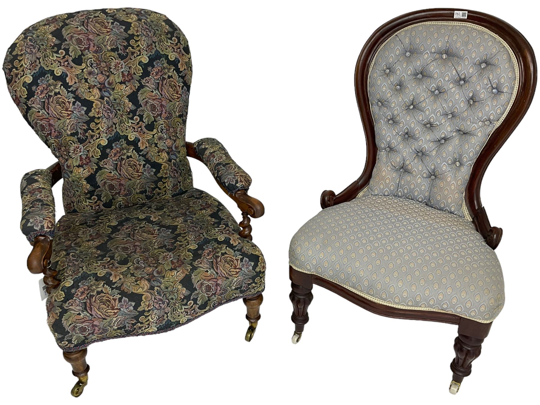 Victorian walnut framed open armchair, scrolled arm terminals over spiral turned arm supports, upholstered in foliate patterned fabric with sprung seat, on turned supports and brass castors (W65cm H92cm); and Victorian mahogany nursing chair with lobe carved supports (W60cm H92cm)