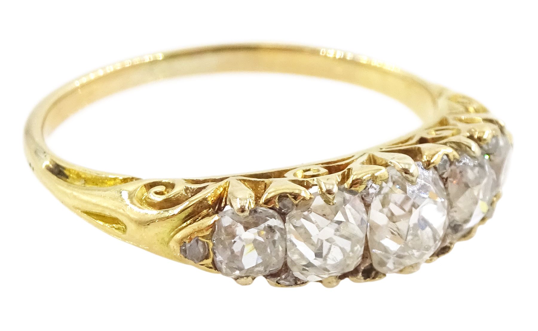 19th / early 20th century 18ct gold five stone old cut diamond ring, with diamond accents set between, total diamond weight approx 1.45 carat