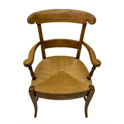 Set of four French walnut dining chairs, rush seats,  comprising two arm and two side chairs