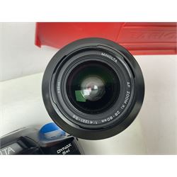 Minolta Dynax 5xi camera body serial no 17222646 with 'AF Zoom Xi 28-80mm 1:4(22)-56' lens serial no 17220881, Minolta SRT101 camera body serial 1944687, Lumix camera body serial no K6SC10168 etc 