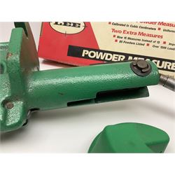 RCBS single station loading press with shell holder and powder funnel; and boxed Lee Powder Measure Kit