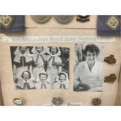 Framed display of medals and badges relating to Captain Cynthia Page of Queen Alexandra's Royal Army Nursing Corps including WW2 War Medal and Defence Medal with miniatures; Red Cross Society 3-Year Service Medal; Q.A.R.A.N.C. cap badge; Girl Guide and silver Scout badges; rank epaulettes; and related photographs 33 x 23cm