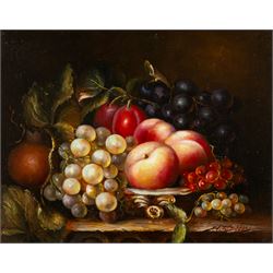 T Stanley (British late 19th/early 20th century): Still Lifes of Peaches Grapes and Foliage, pair of oils on board signed 19cm x 24cm (2)