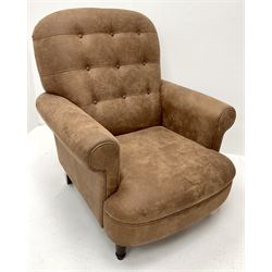 Armchair upholstered in buttoned suede fabric, scrolling arms, turned supports