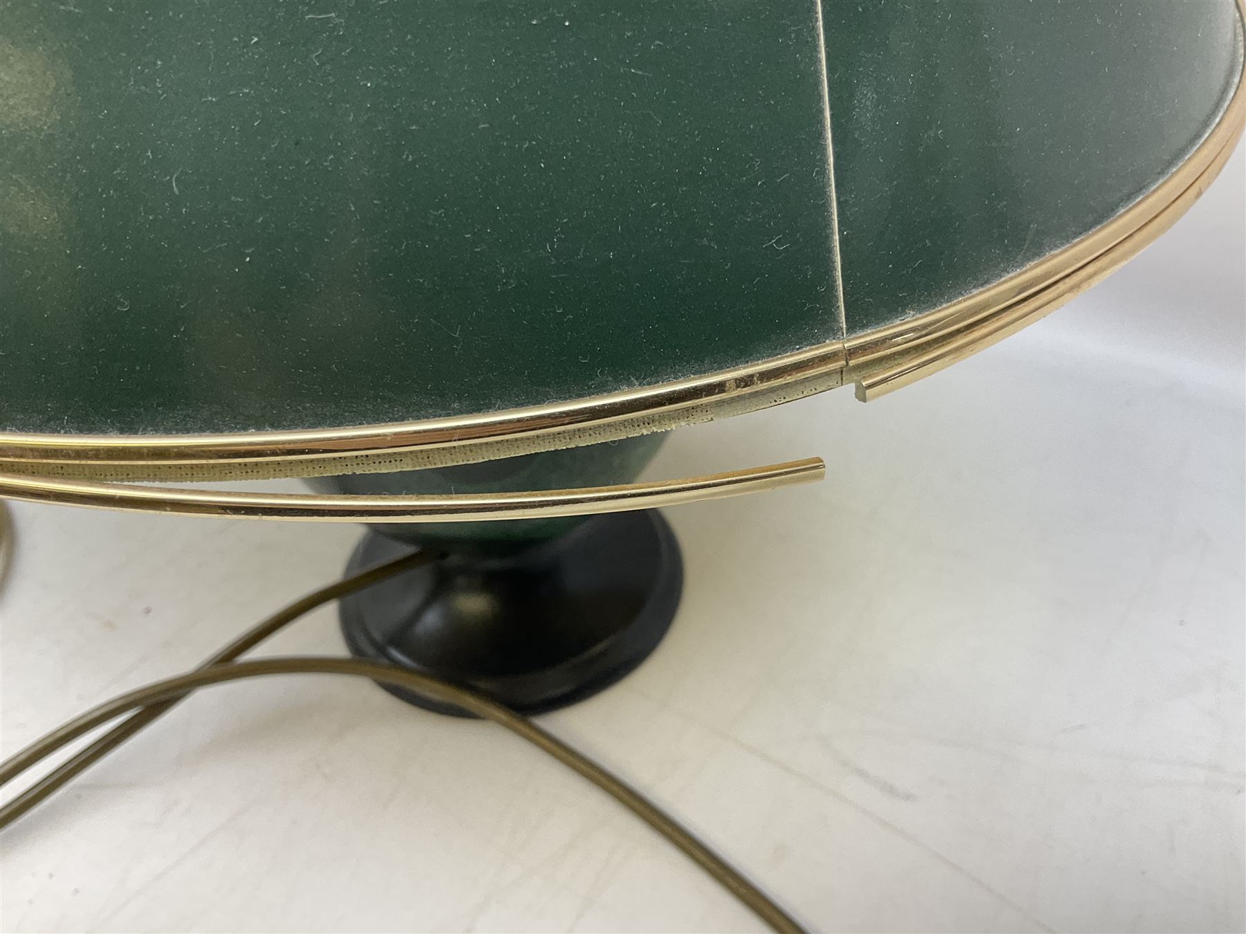 Italian ceramic table lamp decorated with geometric green and black pattern on white ground with gilt metal square plinth base, together with a green and black marbled effect lamp by Holkham pottery, both with shades, tallest H47 incl shade