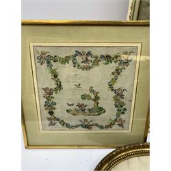 A framed and glazed micro beadwork panel depicting cherubs and a fruiting and flowering vine, overall H29.5cm L30cm, together with a framed and glazed Japanese embroidered silk panel, overall H79cm L40.5cm, and an oval framed and glazed Regency scene printed upon fabric, overall L32cm