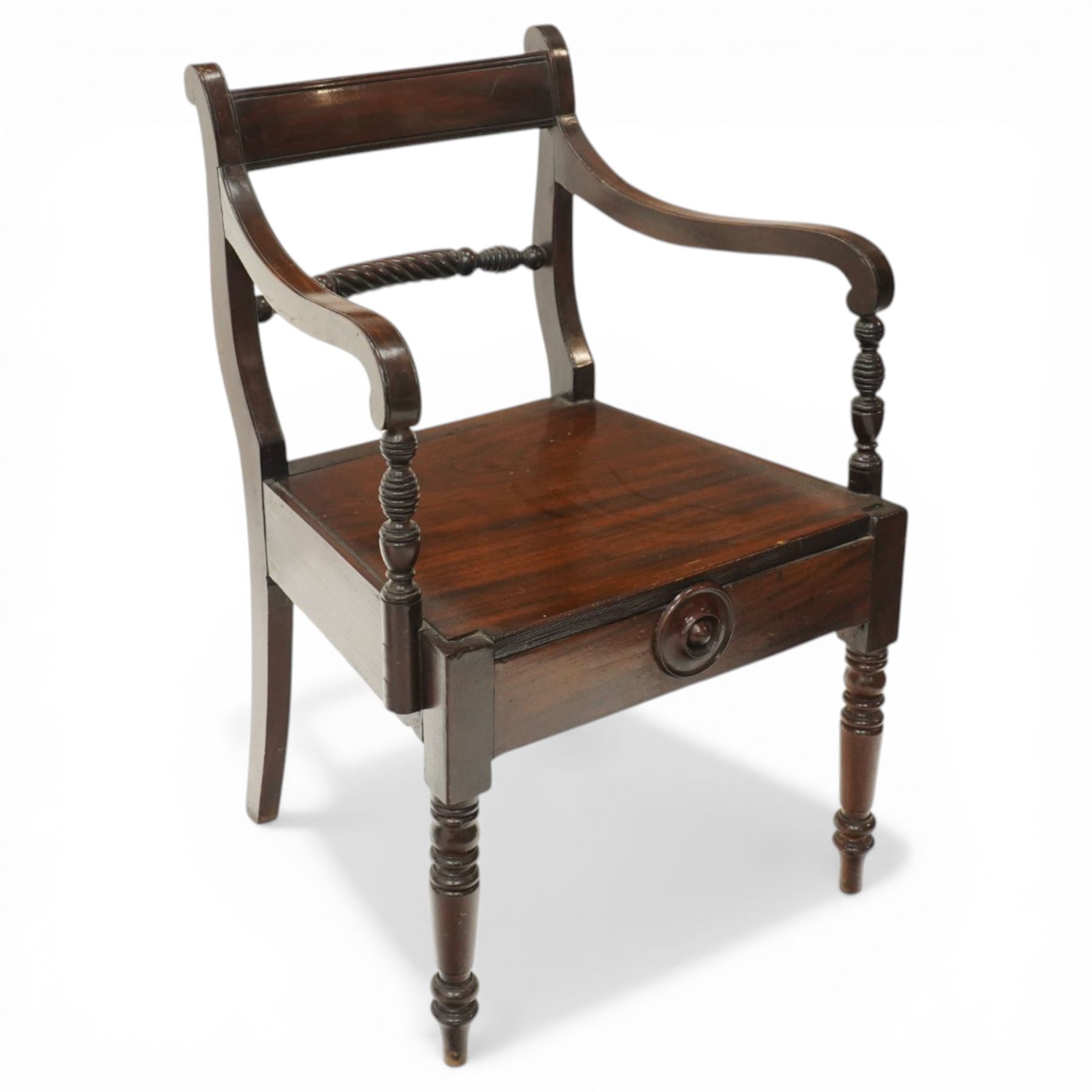 19th century Carolean design oak hall chair, carved cresting rail over barley-twist uprights, high back and loose seat upholstered in wool-work foliate tapestry (W46cm H116cm); 19th century elbow chair mahogany with spiral turned centre rail and roundel-applied frieze (W56cm H85cm)