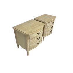 Pair washed finish bow-front bedside chests, fitted with three drawers with chamfered uprights 