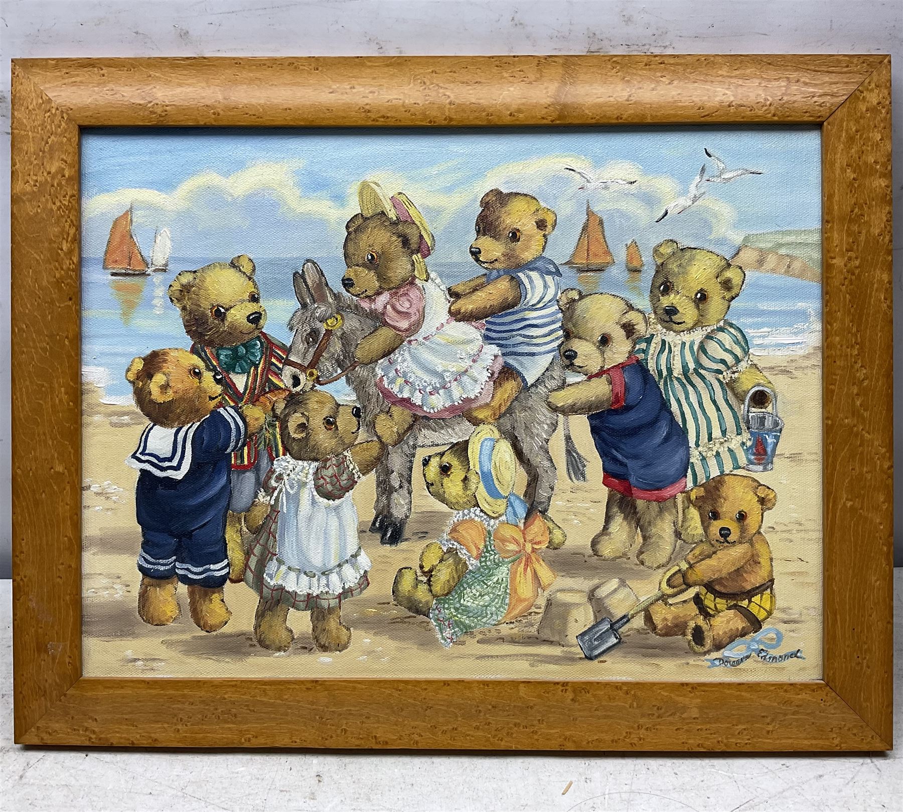 Doreen Edmond (British 20th century): Teddy Bears at the Seaside, oil on canvas signed 30cm x 40cm 