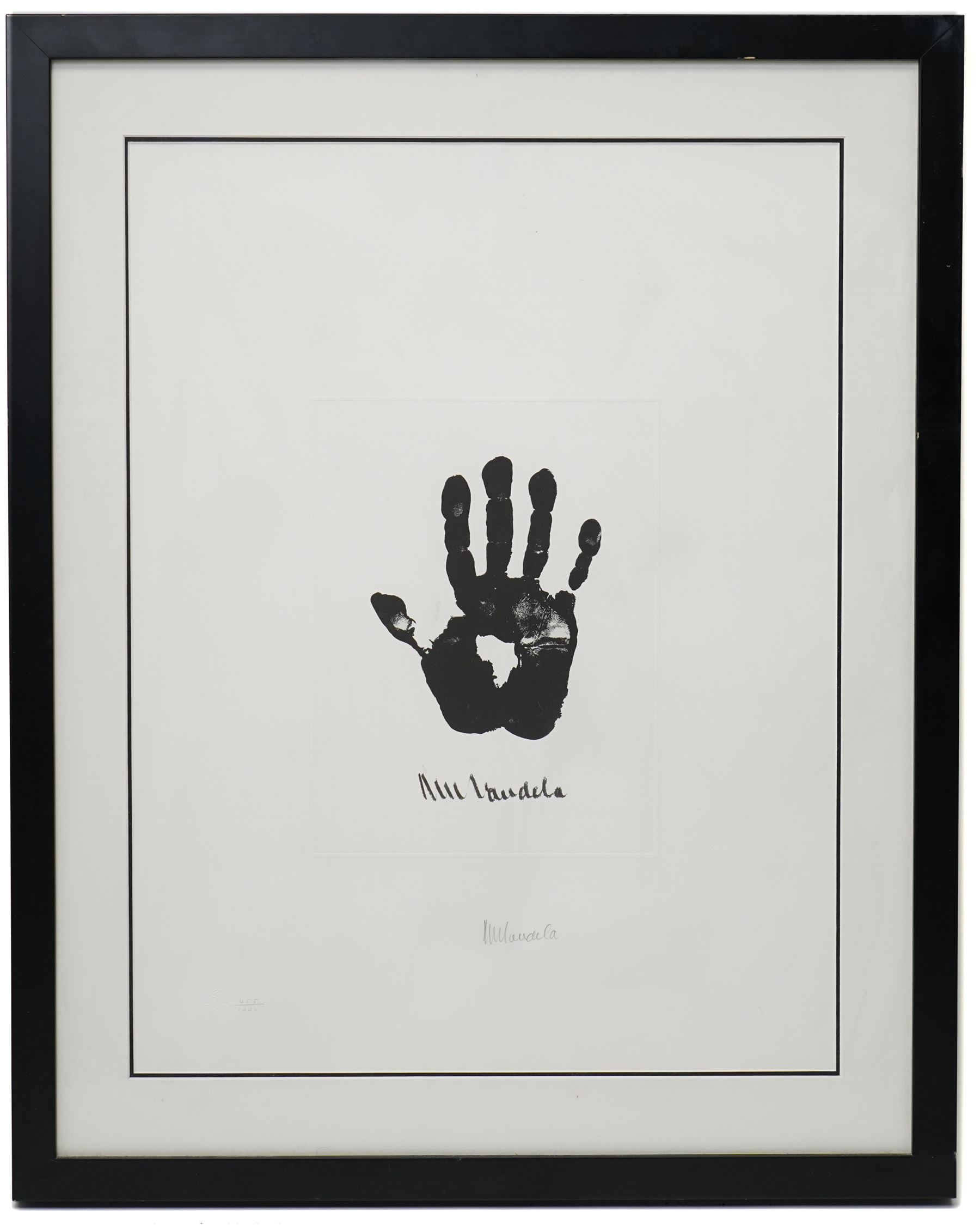 Nelson Rolihlahla Mandela (South African 1918-2013): 'Hand of Africa', monochrome lithograph signed and numbered 455/1000 in pencil with blindstamp 63cm x 48cm