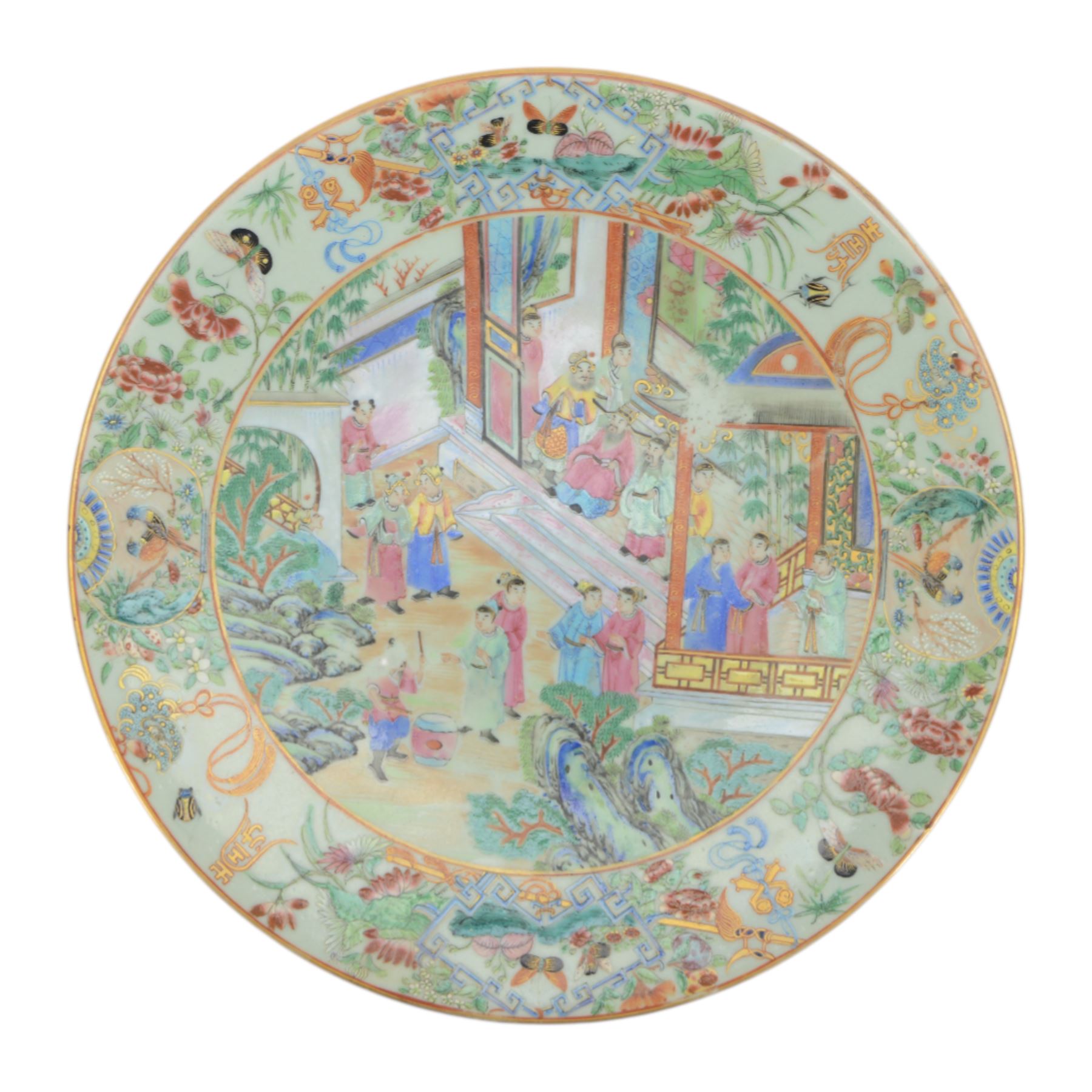 19th century Chinese Canton export celadon ground famille rose charger, of circular dished form decorated with a central panel of figures in a court setting, within a border of blossoms, birds and butterflies, D34.5cm