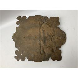 18th Century style cast bronze wall sundial, decorated with Neptune riding a chariot drawn by two sea horses, with spurious date of 1705, H34cm