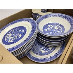 Shelley Maytime pattern sauce boat and saucer, Hornsea vases, blue and white Willow pattern dinner wares and a collection of other ceramics and glassware, in four boxes 
