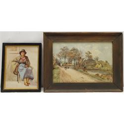 English School (19th/20th century): Seated Lady, watercolour unsigned 24cm x 18cm; 'The Mill at Ulwell' Dorset, watercolour by another hand unsigned, details on later label verso 23cm x 34cm (2)