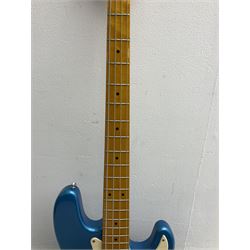 Richwood electric bass guitar in blue, cream and natural finish L117cm; in Fender soft carrying case; together with Behringer Thunderbird Bx108 amplifier date code 0 4 11.