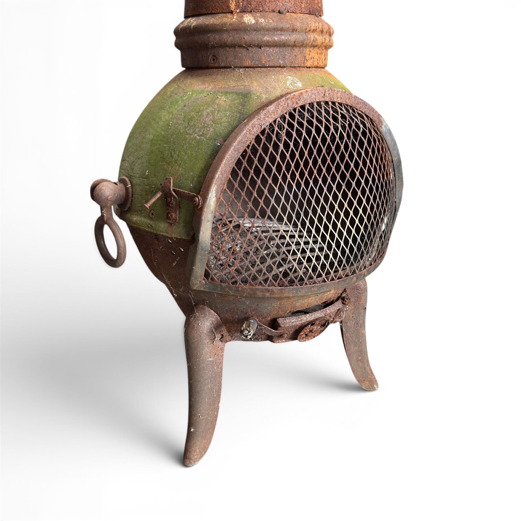 Garden chiminea, with mesh front spark guard, flue chimney on three splayed legs, in a weathered finish