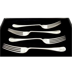 Set of four silver dinner forks, Old English and Pip pattern by Walker & Hall, Sheffield 1911, approx 9.5oz