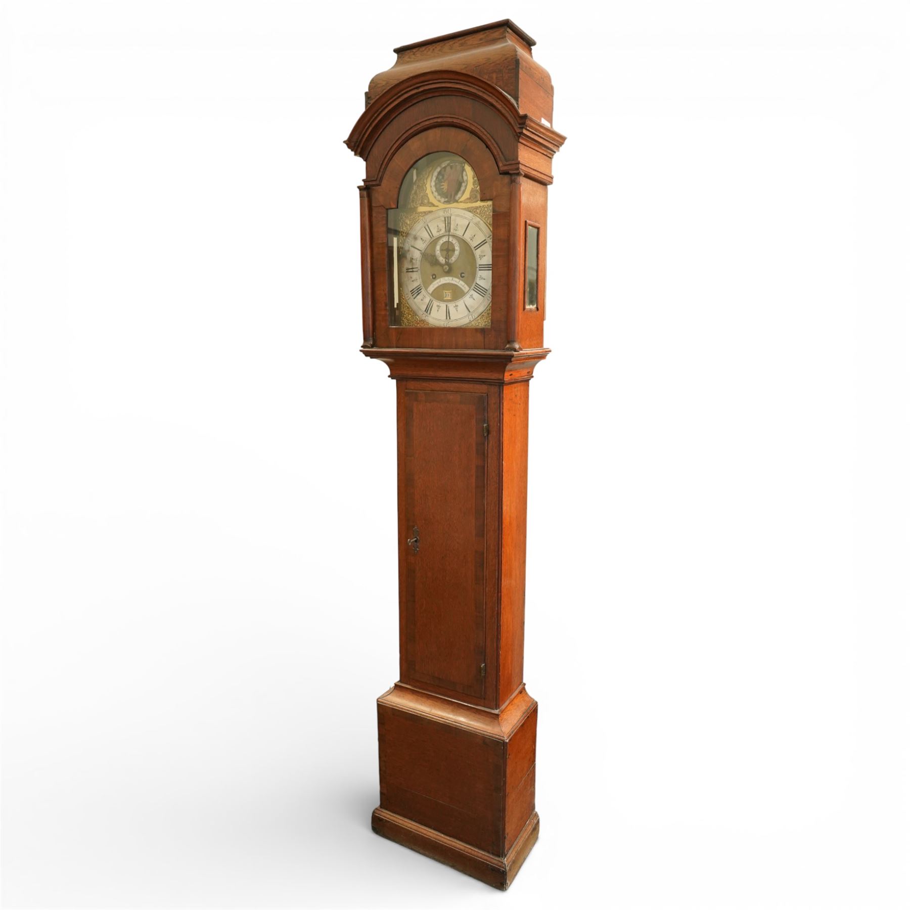 18th century longcase clock, the brass dial with ormolu spandrels, Father Time automaton and inscribed 'Joseph Heeley from London' with seconds ring and eight day movement in oak caddy top case, the trunk door with mahogany crossbanding H248cm