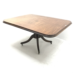 Early 19th century rectangular mahogany pedestal dining table, folding top, quadruple splay legs, W152cm, D124cm, H75cm