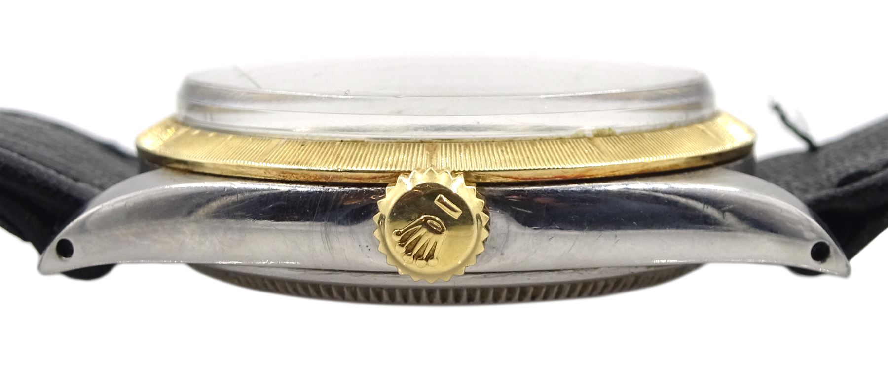 Rolex Oyster Perpetual Superlative Chronometer wristwatch, 18ct bezel and stainless steel case, model No. 1008 serial No. 1451957, on black leather strap