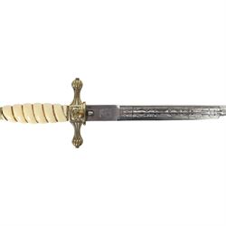 WWII Third Reich Kriegsmarine naval dirk, L25cm double fullered engraved blade, the ricasso marked Eickhorn, Solingen, ivorine celluloid handle and brass scabbard, L42cm