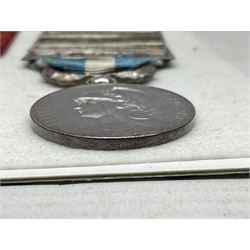 French Republic Colonial Medal with five clasps for Libye, Afrique Francaise Libre, Bir Hakeim, Koufra and Tchad; and Croix de Guerre Des Theatres D'Operations Exterieurs with three MID leaves and gold star; both with ribbons (2)