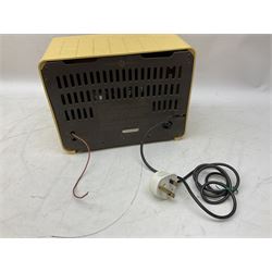 1950s Pye Type P43 cabinet radio in cream Bakelite case with orange knobs, W30cm H22cm D16cm, together with Ever Ready Sky Queen portable radio, Ekco portable radio in red case, Boxed Bush Special Edition 2002 Queens Golden Jubilee radio, Hacker Herald VHS radio (5)