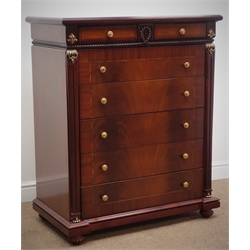  Classical style inlaid mahogany chest of two short and five long drawers, rope twist moulding with gilt detail and handles on turned carved feet, W90cm, H110cm, D51cm  