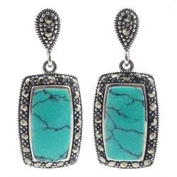Pair of silver turquoise and marcasite pendant stud earrings, stamped 925