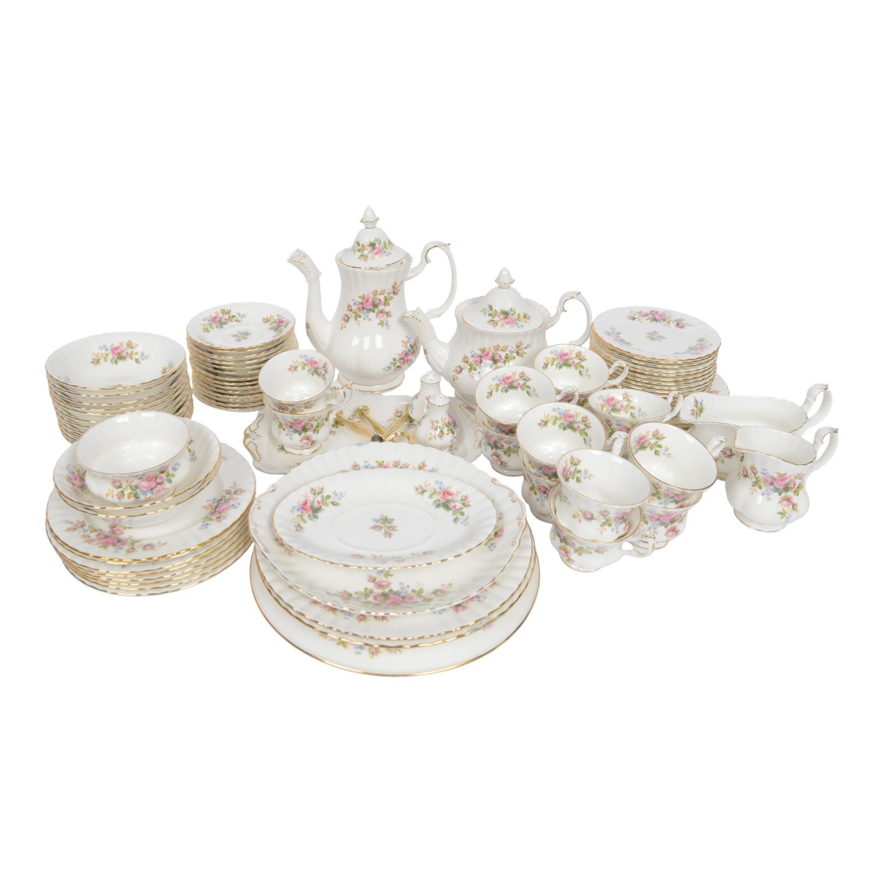 Royal Albert Moss Rose tea and dinner wares, including teapot, coffee pot, fourteen cups and saucers, milk jug, open sucrier etc  