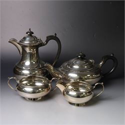 Mid 20th century silver four piece tea service, comprising teapot, hot water pot, open suc...