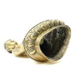 Late 19th/early 20th century brass Buddha in lotus position holding a 'singing' bowl H21cm