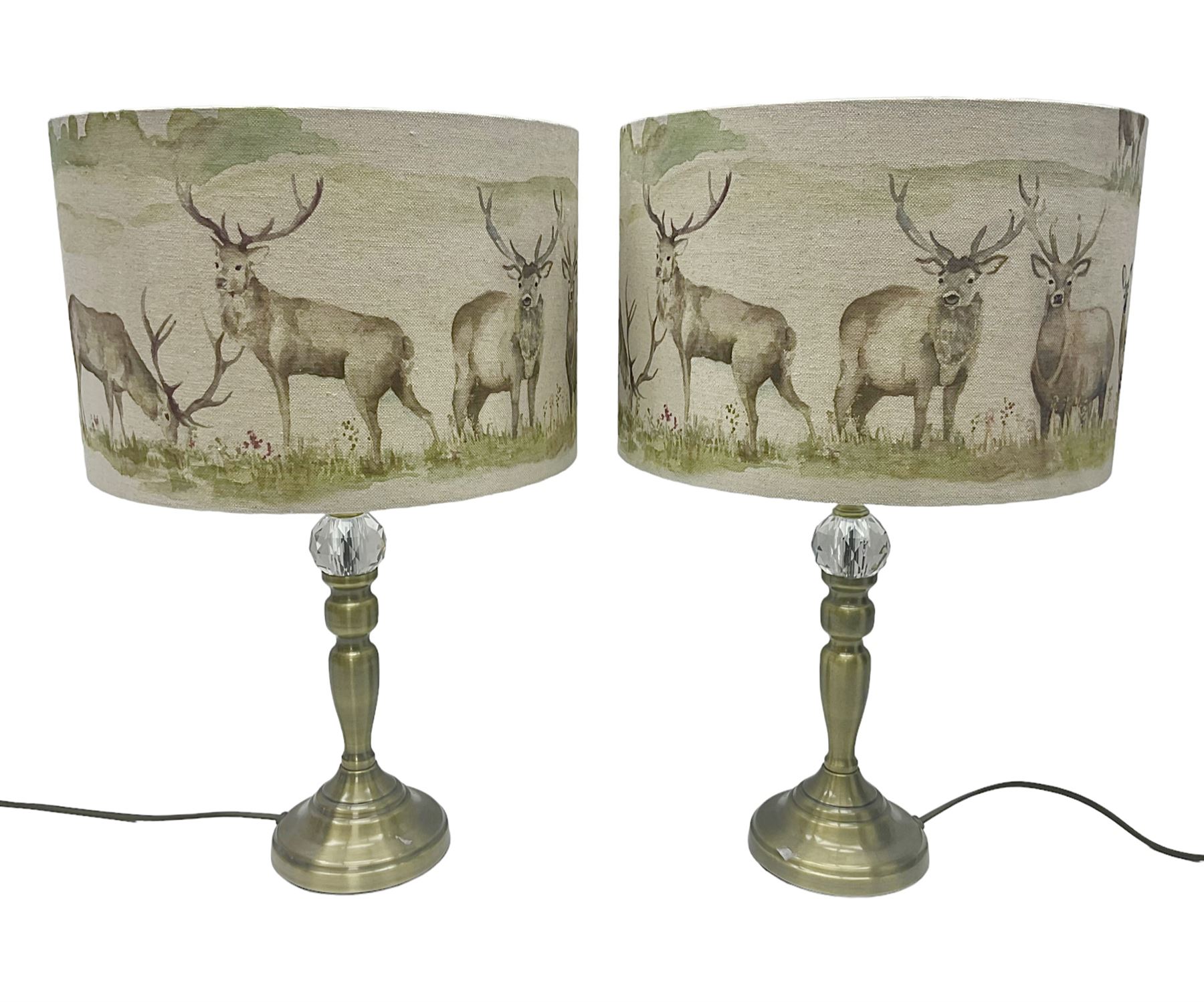 Pair of table lamps, with fabric shades decorated with deer, in a water colour style, H47cm, shades D30cm