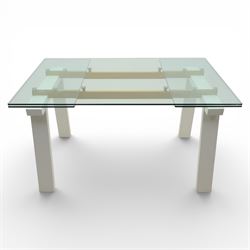 Calligaris - Connubia dining suite, comprising a 'Zeffiro' glass extending dining table and eight 'Academy' chairs, rectangular clear glass top with twin extension leaves extending to 220cm, mounted on white and ochre metal supports with central stretcher, together with eight matching moulded dining chairs with shaped seats and tapered legs