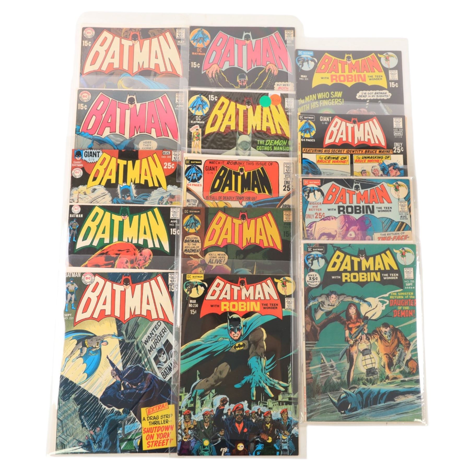 Fourteen DC Bronze Age 'Batman' comic books, spanning years 1970-1971, comprising issues #221, #222, #223, #224, #225, #226, #227, #228, #229, #230, #231, #233, #234 and #235