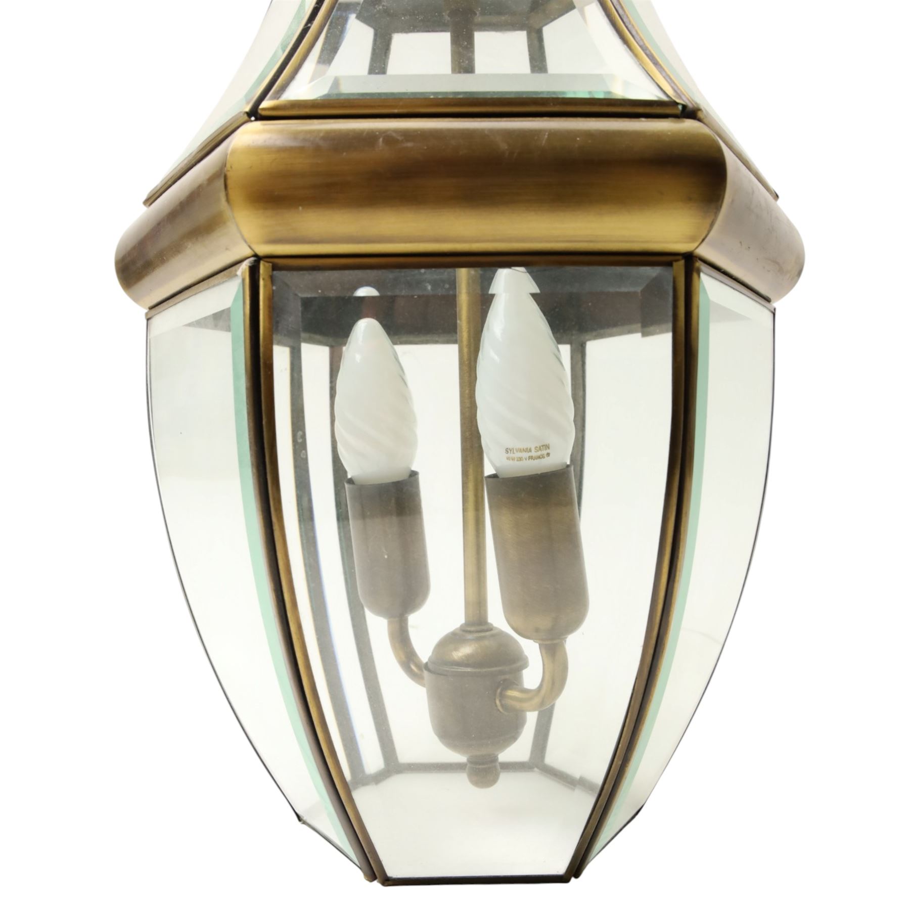 Two light hall lantern in metal and bevelled glass case, drop H64cm